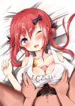 1boy 1girl bare_shoulders bat_hair_ornament blush breast_grab breasts clothes_lift collarbone covered_nipples cum cum_in_mouth cum_on_hair ejaculation erection facial gabriel_dropout grabbing hair_ornament hair_rings hetero high_res indoors jewelry long_hair looking_at_viewer lying male/female male_pubic_hair medium_breasts mochiyuki necklace on_back one_eye_closed open_mouth paizuri paizuri_under_clothes penis pov pubic_hair purple_eyes red_hair satanichia_kurumizawa_mcdowell shirt shirt_lift short_sleeves solo_focus white_shirt