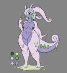  2_toes 4_fingers anthro anthrofied barefoot blue_hair breasts dragon female goo goodra grey_background hair hi_res natsukis_commishes navel nipples nude open_mouth plain_background pokemon raised_arm short_hair solo standing tongue 