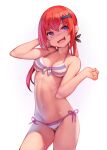 1girl 1girl :3 :d arm_up ataruman bikini breasts cleavage commentary_request contrapposto cowboy_shot fang front-tie_bikini_top front-tie_top gabriel_dropout high_res long_hair looking_at_viewer low_twintails navel open_mouth photoshop_(medium) purple_eyes red_hair satanichia_kurumizawa_mcdowell side-tie_bikini_bottom simple_background small_breasts smile striped striped_bikini swimsuit twin_tails white_background