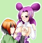 2_girls 2girls art artist_request babe bare_shoulders between_breasts big_breasts black_hair blush breast_grab breast_lick breast_sucking breasts breasts_out breasts_outside brown_eyes creatures_(company) elbow_gloves fantina_(pokemon) female game_freak gardenia ghost_type_trainer gloves green_background gym_leader humans_of_pokemon large_breasts licking long_sleeves looking_at_another looking_down melissa_(pokemon) moaning multiple_girls natane_(pokemon) nintendo nipples open_mouth orange_hair pale_skin pigtails pokemon pokemon_(anime) pokemon_(game) pokemon_diamond_pearl_&amp;_platinum pokemon_dppt purple_dress purple_eyes purple_hair quadtails sagging_breasts short_hair simple_background sweat tongue tongue_out turtleneck two-tone_hair undressing violet_eyes violet_hair white_gloves wince yuri