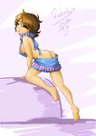 1_girl 1girl 2010s 2017 artist_signature ass bare_legs barefoot breasts brown_hair excited eyelashes female female_frisk female_human female_only frisk frisk_(undertale) half-dressed highres human human_only light_blush looking_at_viewer medium_breasts no_bra no_panties no_underwear pedrokys short_hair side_view sideboob solo solo_female solo_human undertale undertale_(series) virgin_killer_sweater yellow_skin