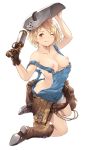 1girl ;) ;q areola ass bare_shoulders belt belt_pouch blonde blush boots breasts breasts_out_of_clothes brown_eyes brown_footwear brown_gloves cait chain clavicle djeeta djeeta_(granblue_fantasy) djeeta_(mechanic) full_body gloves granblue_fantasy gun hagirussia_(sanyanyanya) high_resolution holding holding_gun holding_weapon knee_boots kneel mechanic_(granblue_fantasy) medium_breasts naked_overalls naughty_face nipples nude_filter one_arm_up one_eye_closed overalls pouch short_hair simple_background tareme thighs third-party_edit tongue tongue_out twisted_torso v-shaped_eyebrows weapon welding_mask white_background wink 