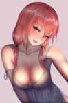 1girl 1girl breasts camisole cleavage commentary fang gabriel_dropout hair_between_eyes half-closed_eyes lingerie long_hair looking_at_viewer medium_breasts naughty_face nikuku_(kazedesune) parted_lips red_eyes red_hair satanichia_kurumizawa_mcdowell sidelocks simple_background smile spaghetti_strap strap_slip underwear upper_body