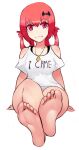  1girl 1girl arms_at_sides bare_shoulders barefoot bat_hair_ornament breasts closed_mouth clothes_writing collarbone commentary_request crossed_ankles english_text fang fang_out feet foot_focus foreshortening gabriel_dropout hair_between_eyes hair_ornament hair_rings jewelry legs looking_at_viewer necklace pendant pink_eyes red_hair satanichia_kurumizawa_mcdowell scathegrapes shirt simple_background sitting smile soles toes white_background white_shirt wide_hips 