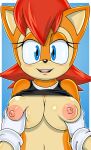 1girl anthro areola big_breasts blue_eyes blush breast_grab breasts brown_body brown_fur chipmunk first_person_view gloves ground_squirrel navel nipples offscreen_character princess red_hair royalty sally_acorn sciurid sega shirt solo_focus sonic_the_hedgehog_(archie) sonic_the_hedgehog_(comics) sonicguru two_tone_body