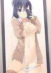 1girl areola_slip black_hair bow bow_panties breasts cardigan cellphone closed_mouth commentary_request cowboy_shot dress_shirt gabriel_dropout groin hair_ornament hairclip holding holding_phone index_finger_raised long_sleeves medium_breasts meme mirror navel nipple_slip nipples one_finger_selfie_challenge open_cardigan open_clothes open_shirt panties panty_pull phone purple_eyes reflection sasakura selfpic shirt smartphone smile underwear vignette_tsukinose_april white_panties x_hair_ornament