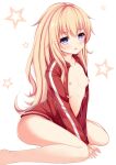 1girl 1girl absurd_res bare_legs barefoot blonde_hair blue_eyes blush breasts collarbone commentary_request gabriel_dropout gabriel_tenma_white high_res jacket long_hair looking_at_viewer naked_jacket nipples open_clothes open_jacket open_mouth qunqing sitting small_breasts star_(symbol) track_jacket v_arms very_long_hair wariza white_background