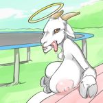  angel_halo furry goat huge_breasts tongue_out 