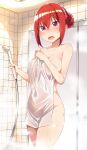 1girl bathroom big_breasts blush breasts collarbone covered_navel covering fang female_only gabriel_dropout greatmosu hair_between_eyes hair_bun hair_up hand_on_own_chest high_res impossible_towel indoors jpeg_artifacts nude_cover open_mouth pink_eyes red_hair satanichia_kurumizawa_mcdowell see-through shower_head single_hair_bun solo_female steam thighs towel wet wet_towel wide_hips