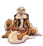  2013 anthro arcanine biceps blush canine cbh claws drooling fur furry hair humanoid_penis looking_at_viewer male muscles nintendo nude open_mouth pecs penis plain_background pokemon pokemorph red_eyes saliva sitting solo testicles tongue tongue_out video_games white_background 
