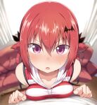 1girl bare_arms bare_shoulders bat_hair_ornament blurry blush breast_press breasts collarbone couch curtains d: depth_of_field fang fisheye gabriel_dropout greatmosu hair_ornament hair_rings high_res hood hoodie indoors leaning_on_person looking_at_viewer medium_breasts nose_blush open_mouth perspective pov purple_eyes red_hair satanichia_kurumizawa_mcdowell shirt sleeveless sleeveless_hoodie sleeveless_shirt solo_focus striped striped_shirt sweatdrop