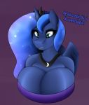  1girl 1girl absurd_res anthro big_breasts blue_eyes blue_hair booponies breasts bust_portrait cleavage clothed clothing crown dialogue dress english_text equine eyebrows eyelashes eyeshadow friendship_is_magic furry hair high_res horn jewelry long_hair makeup mammal my_little_pony necklace portrait princess_luna_(mlp) simple_background text top winged_unicorn wings 