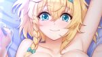 big_breasts blonde_hair blue_eyes blush braided_hair breast_squeeze drunk dungeon game_cg hair_bow hanabi_fuusen mango_party nipples on_back on_bed pussy screencap smiling_at_viewer take_me_to_the_dungeon una_(take_me_to_the_dungeon) video_game_character