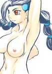  1girl arm arm_up armpits arms art artist_request babe bare_shoulders big_breasts black_hair breasts brown_eyes candice candice_(pokemon) cleavage collarbone female gym_leader hair hair_ornament large_breasts long_hair low_twintails navel neck nintendo nipples nude pokemon pokemon_(anime) pokemon_(game) pokemon_dppt simple_background smile solo suzuna_(pokemon) white_background 