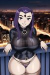 1girl 6_fingers ai_generated bad_anatomy black_shirt cityscape dc_comics fishnet_stockings grin huge_breasts night_sky polydactyly purple_hair raven_(dc) short_hair solo_female teen_titans thick_thighs young_adult