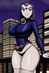  1girl ai_generated cityscape dc_comics fishnet_stockings grin huge_breasts night_sky purple_hair purple_shirt raven_(dc) short_hair solo_female teen_titans thick_thighs young_adult 
