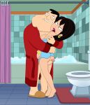  1boy 1girl american_dad asian asian_female bathroom cum cumming ejaculation family gwen_ling hugging penis_between_thighs stan_smith thigh_sex toilet 
