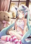  1girl aqua_hair areola_slip areolae bare_shoulders blue_eyes blush collarbone curtains food hair_ornament hatsune_miku highres ice_cream kneehighs kuinji_51go long_hair looking_at_viewer pokemon shorts sitting solo striped striped_legwear stuffed_animal stuffed_toy sunlight teddy_bear tongue tongue_out twintails very_long_hair vocaloid window 