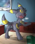  2014 anus ass bed blush eeveelution feral kigisuke male nintendo one_eye_closed open_mouth penis pokemon presenting saliva solo tears teeth testicles tongue tongue_out umbreon uncut video_games 