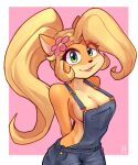  1girl activision alex-toons alex_toons arms_behind_back blonde_hair border breasts cleavage coco_bandicoot countershade_face countershade_torso countershading crash_(series) crash_bandicoot_(series) ear_piercing earrings flower flower_in_hair furry green_eyes hair hands_behind_back long_hair looking_at_viewer medium_breasts multicolored_body multicolored_face multicolored_skin orange_body orange_skin overalls piercing pink_background ponytail portrait simple_background smile smiling_at_viewer tan_body tan_skin three-quarter_portrait tied_hair two_tone_body two_tone_face two_tone_skin white_border 