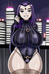  1girl ai_generated black_shirt cityscape dc_comics fishnet_stockings grin huge_breasts night_sky purple_hair raven_(dc) short_hair solo_female stockings teen_titans thick_thighs tight_clothing 