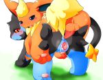  after_sex all_fours anus blue_eyes blush cum cum_in_pussy cum_inside eeveelution erection female flareon grass japanese_text looking_back luxray male nintendo open_mouth penis pokemon pussy red_eyes smile testicles text tomcat_in_sky video_games 