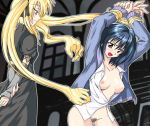 2_girls arms_behind_back arms_up bdsm black_cat_(series) blonde_hair blue_hair blush bondage bottomless bound bound_wrists breasts detached_sleeves dress eve_(black_cat) female female_only hair_ribbon hands kirisaki_kyouko long_hair mikagami_sou multiple_girls naughty_face no_bra no_panties open_clothes open_shirt pink_eyes prehensile_hair pubic_hair purple_eyes rape ribbon shirt short_hair smile turtleneck twin_tails uncensored very_long_hair yuri