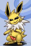  2014 black_eyes eeveelution erection feral jolteon looking_at_viewer male nintendo ohmuu penis pokemon solo testicles video_games yellow_skin 
