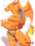 ? anthro anthrofied biceps blue_eyes breath butt charizard claws dragon e-w01f fire horn jockstrap looking_at_viewer looking_back muscles nintendo orange_dragon pecs plain_background pokemon shiny smoke standing sweat underwear video_games white_background wings