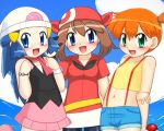 3_girls bandanna beach bike_shorts blue_eyes blue_hair blush brown_hair creatures_(company) dawn_(pokemon) game_freak green_eyes gym_leader haruka_(pokemon) hat hikari_(pokemon) humans_of_pokemon kasumi_(pokemon) may_(pokemon) misty_(pokemon) miyanii_(myanie) multiple_girls myanie nintendo orange_hair pokemon pokemon_(anime) pokemon_(game) pokemon_black_and_white pokemon_bw pokemon_diamond_pearl_&amp;_platinum pokemon_dppt pokemon_frlg pokemon_red_green_blue_&amp;_yellow pokemon_rgby short_hair sky