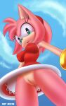  1girl 2015 amy_rose anthro bottomless bracelet breasts clothed clothing dress eyelashes female_only going_commando green_eyes hairband hedgehog looking_at_viewer looking_down nipple_bulge no_panties open_mouth pink_fur puffy_nipples pussy red_dress red_hairband sega sif sif_(artist) sonic_the_hedgehog_(series) video_games viewed_from_below wide_hips 