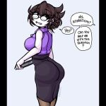  1:1_aspect_ratio 1girl ahoykoi ass ass_crack ass_focus big_breasts blouse book breasts brown_hair dialogue ear_piercing english_text female glasses jaiden_animations offscreen_character pantyhose pencil_skirt purple_blouse sideboob simple_background solo solo_female speech_bubble text watermark white_skin 