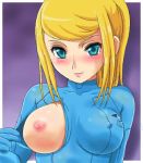  1girl blonde_hair blue_eyes blush bodysuit breast_slip breasts doubleasterisk ecchi erect_nipples konpeto lala-kun large_breasts long_hair lowres metroid nintendo nipples no_bra one_breast_out ponytail samus_aran skin_tight smile solo spandex tearing_clothes torn_clothes zero_suit 