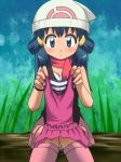  awa blue_hair boots hat hikari_(pokemon) nintendo pokemon sitting swimsuit 