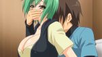 1boy 1girl big_breasts breasts cleavage copyright_request covering_another&#039;s_mouth covering_mouth female_focus green_hair non-nude unseen_male_face