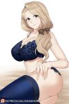  1girl aslindsamure bare_midriff bare_thighs big_breasts blonde_hair blue_eyes fire_emblem fire_emblem:_three_houses lingerie long_hair looking_at_viewer mercedes_von_martritz nintendo side_ponytail smile source_request stockings thick_thighs 