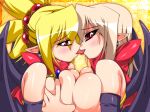 alexi_(tits!) breast_squish breast_to_breast demon_girl disgaea grabbing_breasts red_eyes rozalin tongue_to_tongue yellow_background zenon