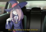 1girl accelart backseat car_interior clothed female female_only hair_over_one_eye half-closed_eyes hat in_car little_witch_academia sitting solo sucy_manbavaran tagme 