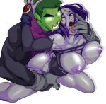  1boy 1girl ahe_gao ass beast_boy bottomless breasts breasts_out comic dc_comics doggy_position finger_in_mouth huge_breasts nipples nisego open_mouth prone_bone purple_hair raven_(dc) ripped_clothing sweat teen_titans tongue_out 