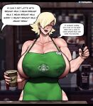 1girl apron avis_(strangehero) barista blonde_hair blush blushing_profusely breasts clothing english english_text fast_food female_focus female_only half-closed_eyes huge_breasts iced_latte_with_breast_milk lactation lactation_through_clothes lactophilia light-skinned_female light_skin looking_at_viewer muscular muscular_female oc original_character outerwear pale-skinned_female pale_skin solo_female solo_focus starbucks strangehero thick_thighs uniform voluptuous wide_hips