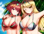 2girls alluring bangs bare_shoulders beach big_breasts bikini blonde_hair blue_sky blush bob_cut bracelet breasts cleavage closed_mouth cloud collarbone commentary day dual_persona eyebrows_visible_through_hair gem hair_between_eyes hair_ornament headpiece holding jewelry large_breasts leaf long_hair looking_at_viewer multicolored_clothes multiple_girls mythra mythra_(xenoblade) ocean one_eye_closed outdoors palm_tree pyra pyra_(xenoblade) reaching_out red_eyes red_hair selfie short_hair sky smile swept_bangs swimsuit tiara tree video_game_character video_game_franchise water wsman xenoblade_(series) xenoblade_chronicles_(series) xenoblade_chronicles_2 yellow_eyes