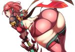  1girl ass back big_ass big_breasts bob_cut bodysuit breasts clothed clothed_female cowboy_shot dat_ass female_focus female_only from_behind hips holding holding_weapon huge_ass huge_breasts jewelry looking_at_viewer looking_back matching_hair/eyes nintendo nuezou pyra_(xenoblade) red_eyes red_hair short_hair simple_background smile solo_female solo_focus stockings sword thick_thighs thighs v_arms video_game_character video_game_franchise weapon white_background wide_hips xenoblade_(series) xenoblade_chronicles_2 