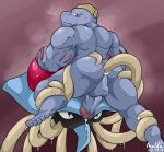  2014 5_toes anal anal_penetration anthro ass barefoot biceps big_muscles big_penis cum cum_in_ass cum_inside erection holding looking_back machoke maldu male muscles nintendo nude open_mouth orgasm penetration penis plain_background pokemon sex sweat tentacle_sex tentacles tentacruel testicles toes vein video_games 