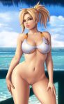  1girl absurd_res big_breasts blonde_hair bottomless bra breasts cleavage female_focus female_only flowerxl hands_on_own_thighs high_res long_hair mature_female mercy_(overwatch) no_underwear_(female) ocean one-piece_swimsuit overwatch pussy solo_female solo_focus swimsuit underwear video_game_character 