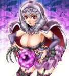 1041_(toshikazu) 1girl alluring big_breasts black_legwear breasts claw_(weapon) detached_sleeves drill_hair frilled_skirt frills garter_straps hood hoodie jewelry layered_skirt long_hair miniskirt nail_polish necklace orb project_soul purple_skirt red_eyes silver_hair skirt soul_calibur soul_calibur_v soulcalibur_v stockings viola_(soul_calibur) viola_(soulcalibur) weapon