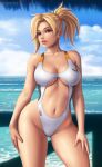  1girl 1girl big_breasts blonde_hair breasts flowerxl hand_on_own_hip mercy_(overwatch) one-piece_swimsuit overwatch overwatch_1 swimsuit thighs white_one-piece_swimsuit 
