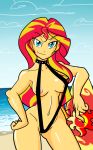  1_girl beach breasts equestria_girls friendship_is_magic my_little_pony reiduran sling_bikini sunset_shimmer surfboard 
