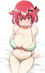 1girl :o absurd_res arm_support bangs bare_arms bare_shoulders bat_hair_ornament bed_sheet bikini blurry blush breasts cleavage collarbone depth_of_field fang female_only gabriel_dropout greatmosu green_bikini hair_between_eyes hair_ornament hair_rings high_res huge_breasts looking_at_viewer navel nose_blush open_mouth perspective purple_eyes red_hair satanichia_kurumizawa_mcdowell side-tie_bikini_bottom sidelocks sitting skin_fang skindentation solo_female stomach striped striped_bikini swimsuit thighs white_background
