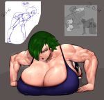 1girl aged_up avis_(strangehero) before_and_after big_breasts breasts buff cleavage drinking_milk green_hair gym_clothes huge_breasts milk muscular muscular_arms muscular_female oc original original_character push-ups selfcest short_hair strangehero sweat thick_thighs weightlifting workout workout_clothing