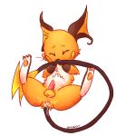  2012 after_sex anus ass biting_tail blush cum cum_inside cum_on_ass cum_on_penis embarrassed erection feral gaping gaping_anus gay legs_up lying male nibbling nintendo on_back pawpads penis plain_background pokemon precum raichu shugowah solo spreading tears testicles video_games white_background 
